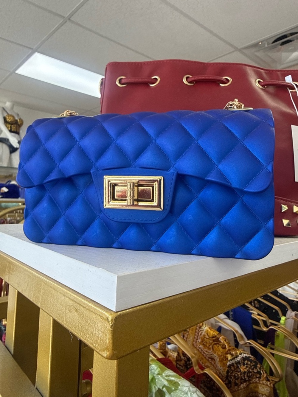 Quilted Chain Shoulder Bag in Bright Blue